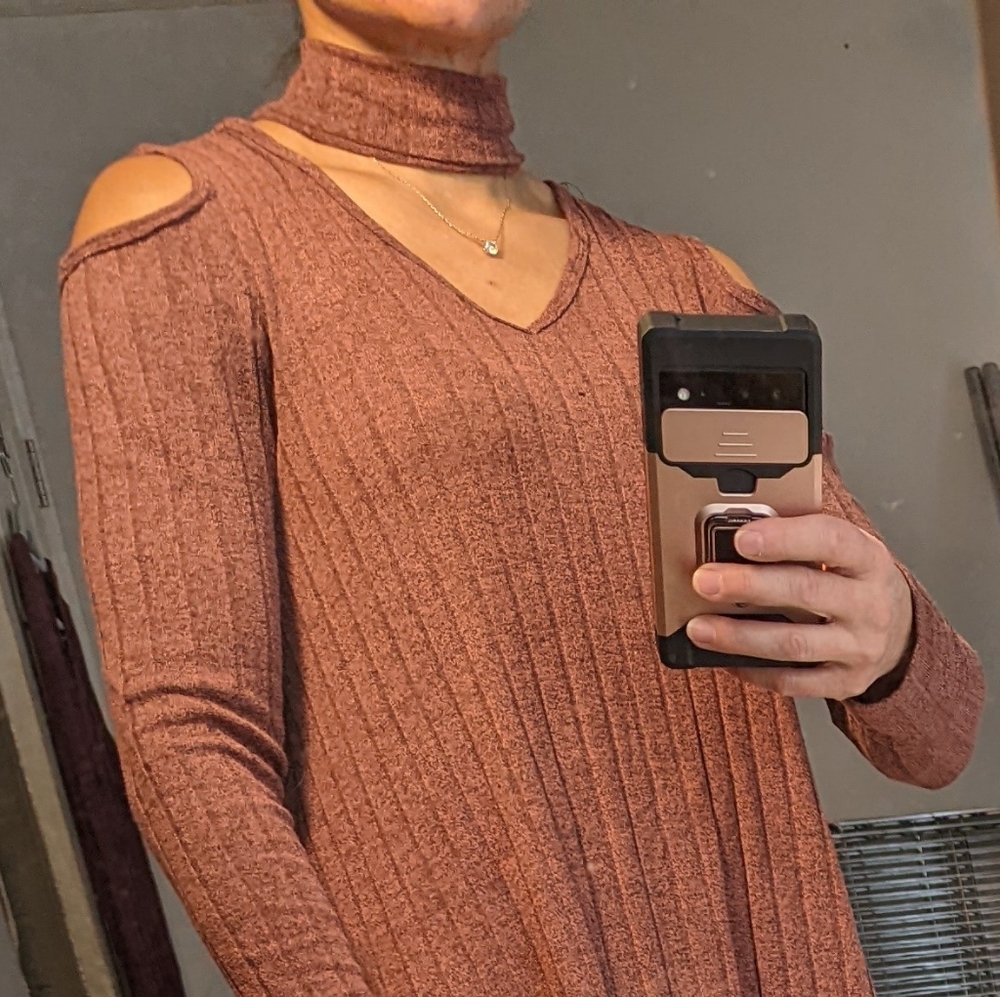 Ribbed Off the Shoulder, Mock Turtleneck Top